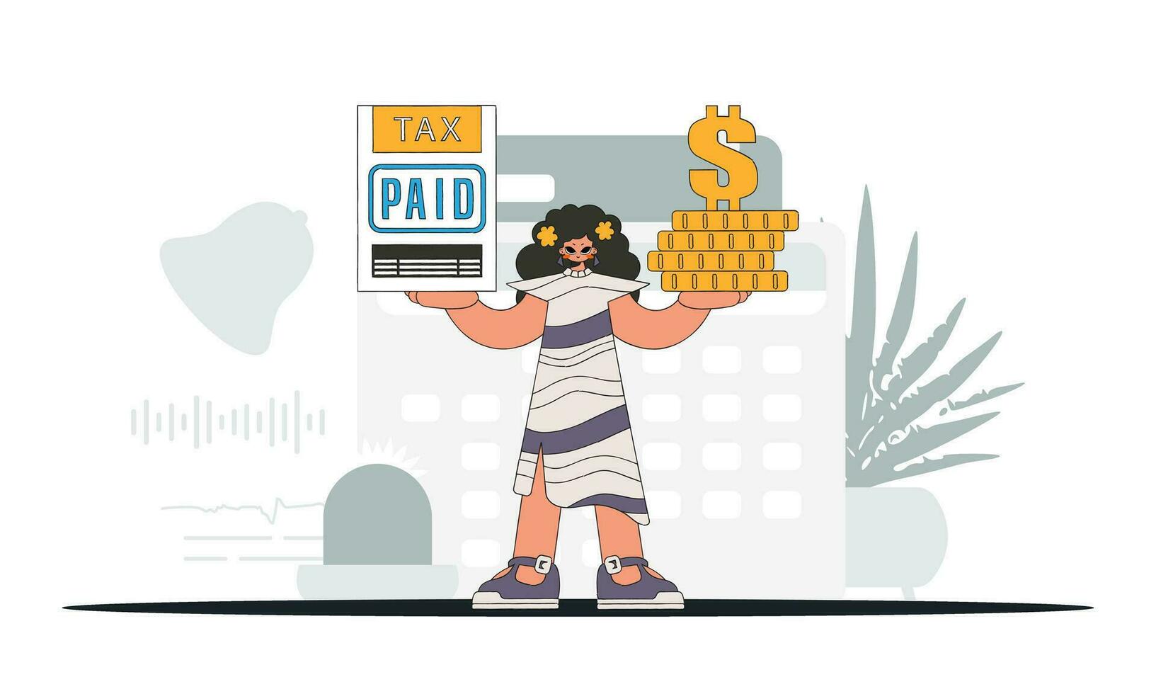An elegant woman is holding a tax form and coins in her hands. An illustration demonstrating the importance of paying taxes for economic development. vector