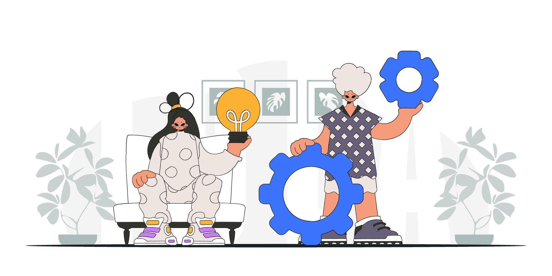Stylish guy and girl solves problems and generates ideas. Light bulb and gears in their hands. Illustration on the theme of the appearance of an idea. vector