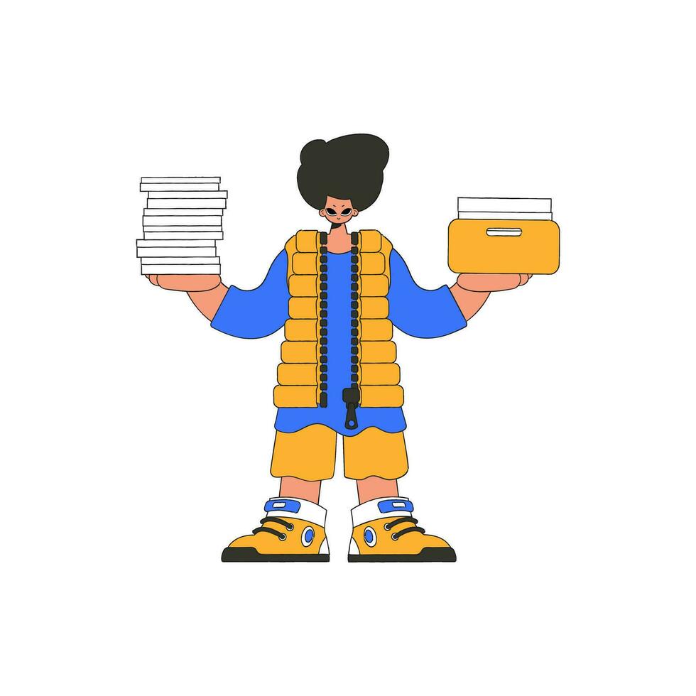 A fashionable man holds stacks of documents in his hands. vector