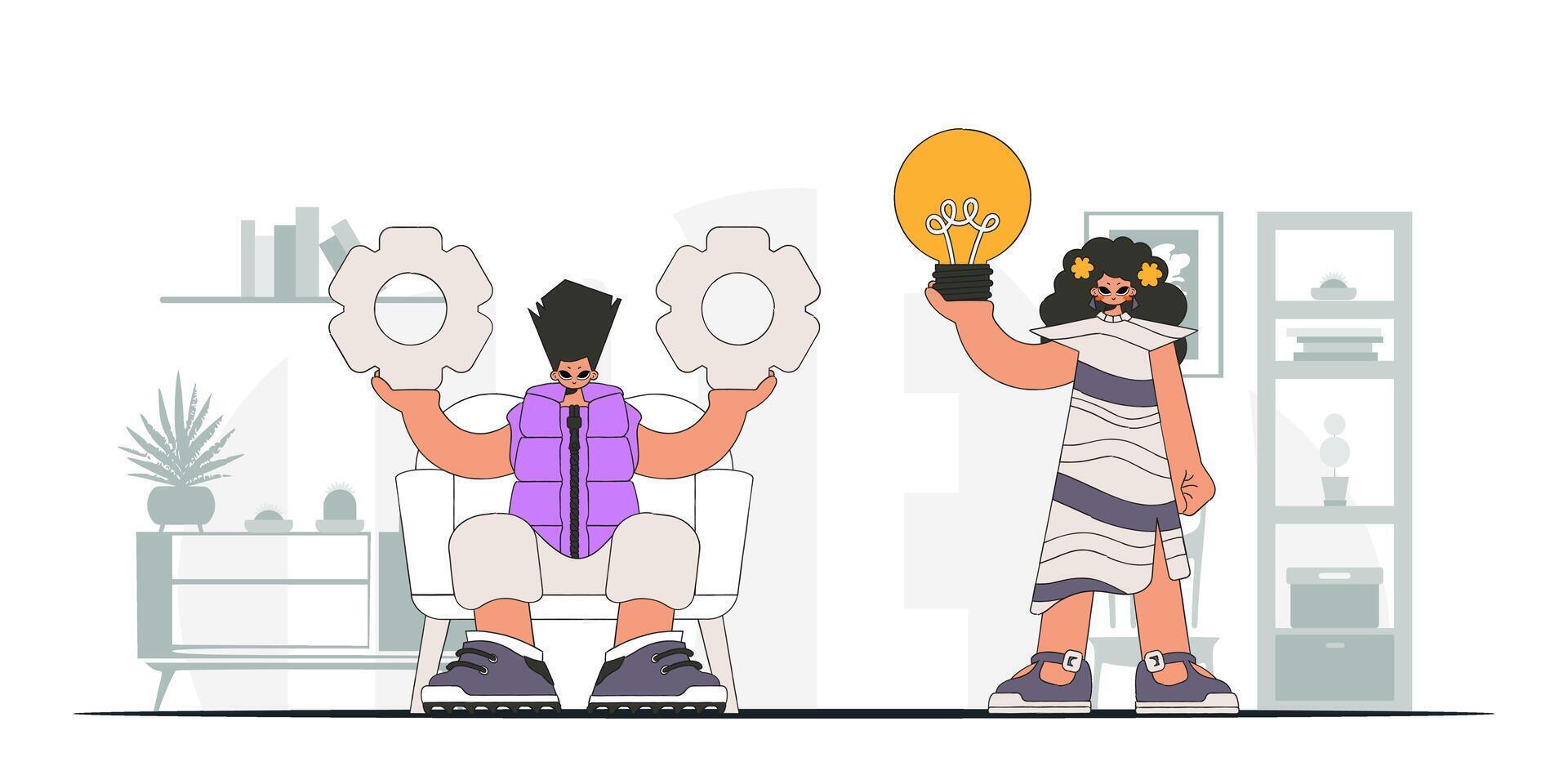 An elegant guy and girl solves problems and generates ideas. Light bulb and gears in their hands. Idea concept. trendy character. vector