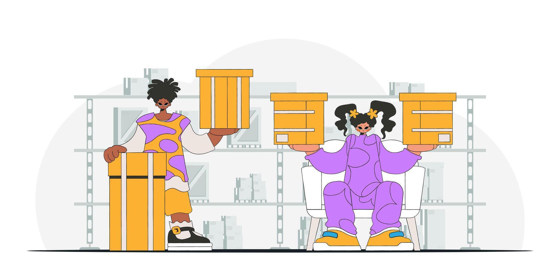Delightful man and woman are holding boxes. Parcel delivery team. A visual representation of the shipment of deliveries and freight vector