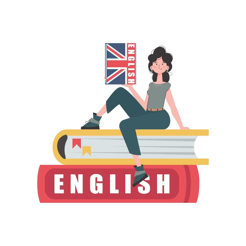 A woman sits on books and holds an English dictionary in her hands. The concept of teaching English. Isolated. trendy style. Vector. vector