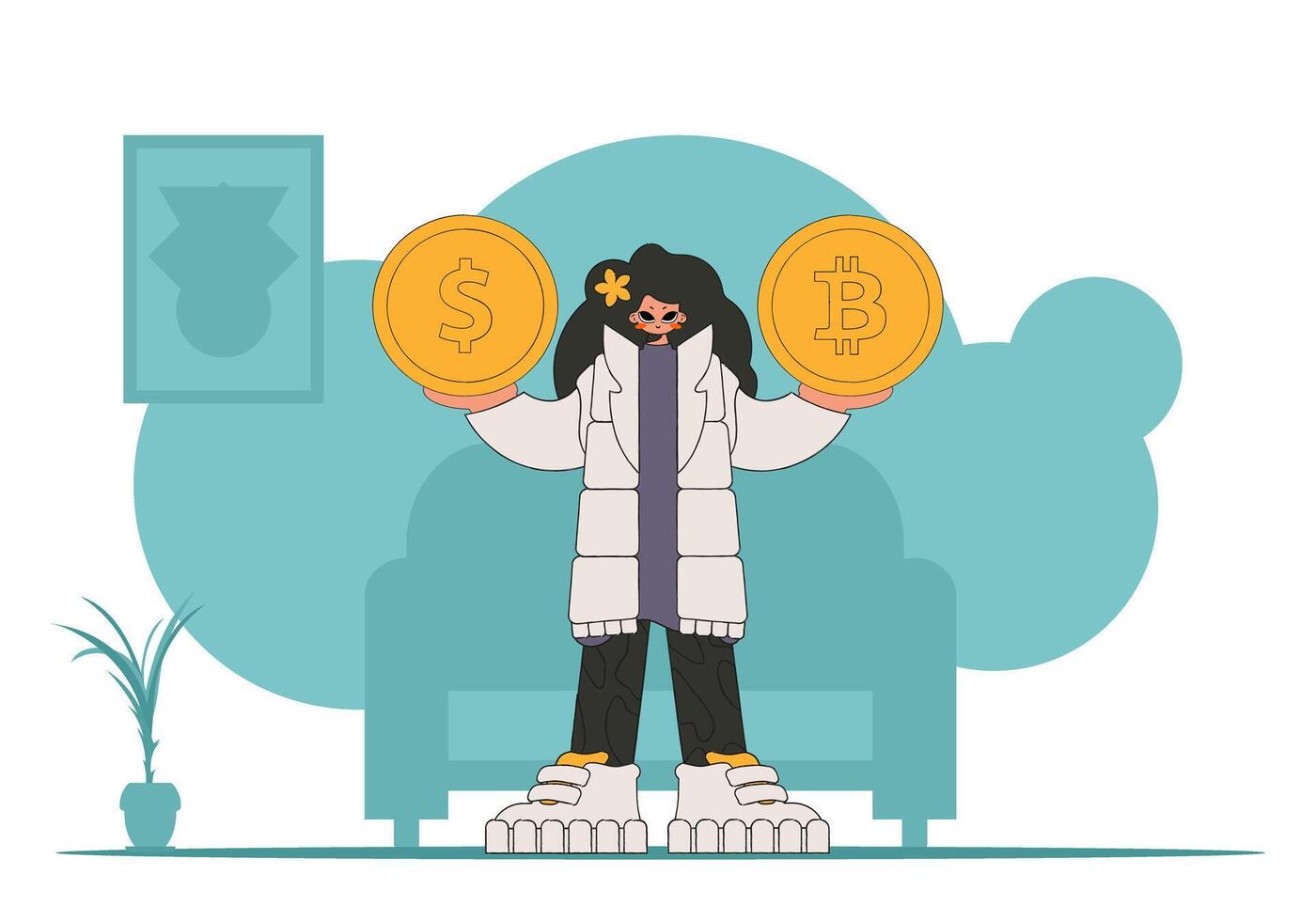 Girl holding dollar and bitcoin. The concept of interaction with digital monetary assets. vector