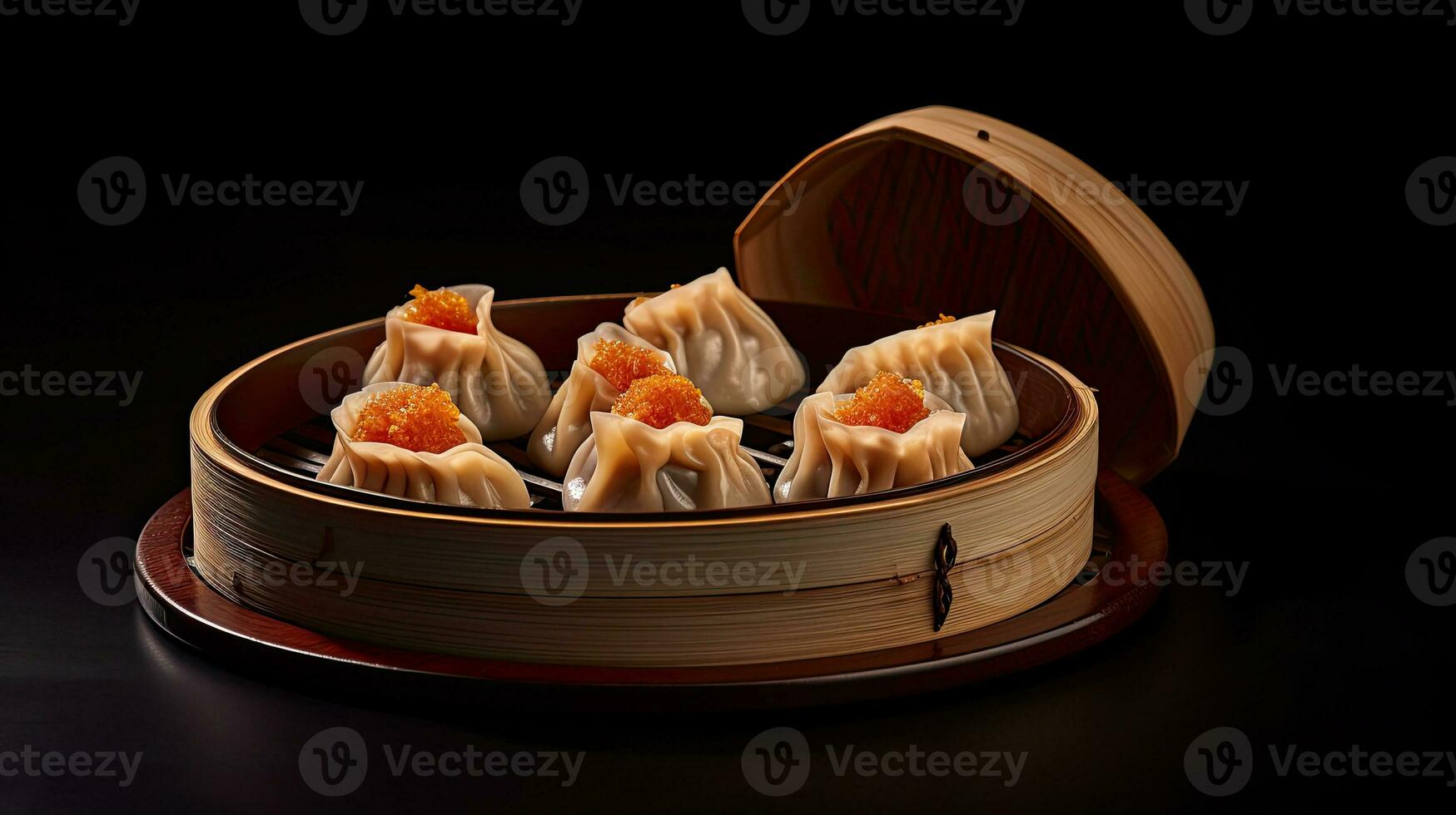 Bamboo container with chines dumplings Generative AI photo