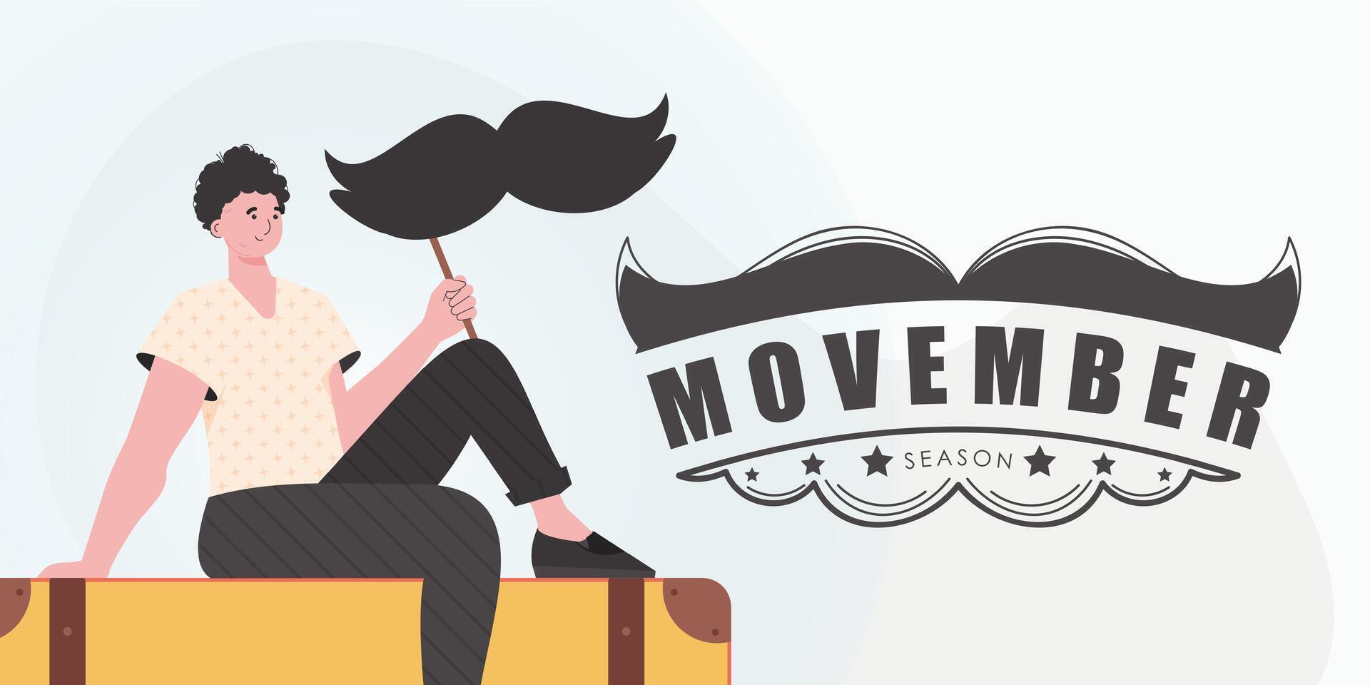 Movember poster. A man holds a mustache on a stick. Cartoon style. . vector