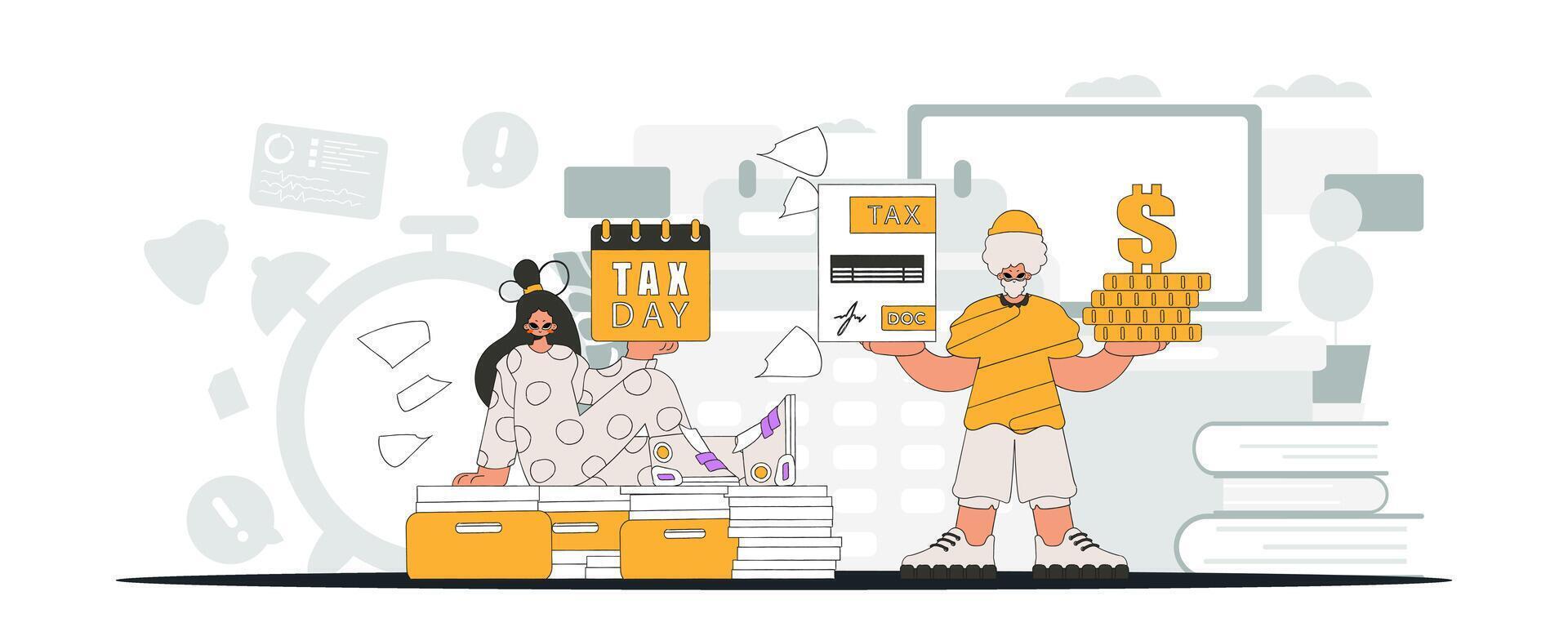 A smart guy and a girl are engaged in paying taxes. An illustration demonstrating the importance of paying taxes for economic development. vector