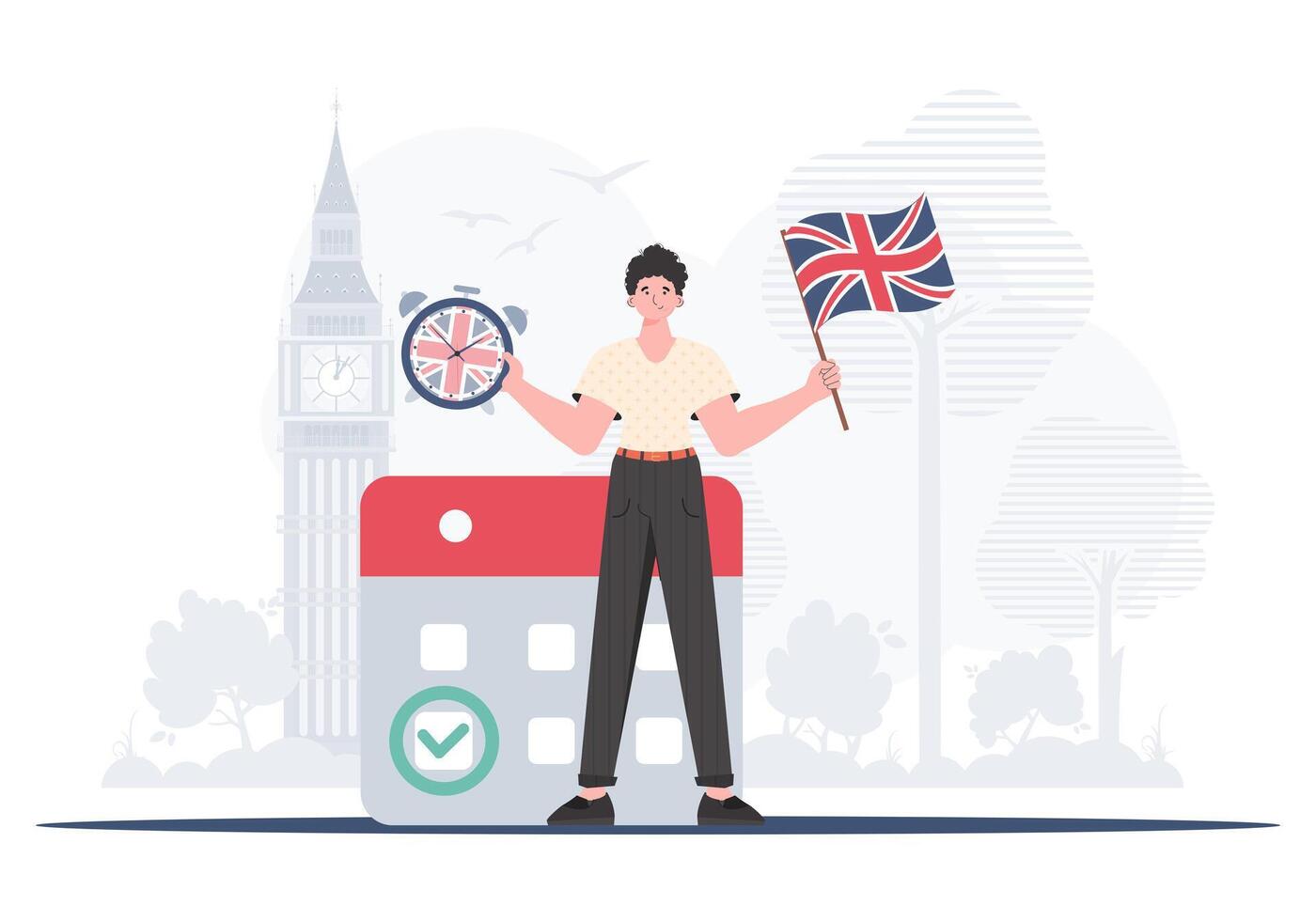 The concept of teaching English. Male teacher shows that it's time to learn English. Trendy flat style. . vector