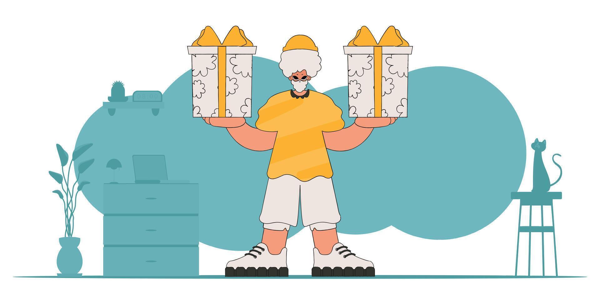 The concept of the holiday and gifts. The guy holds two gifts in his hands. Bright character in the style of the 80s and 90s. vector