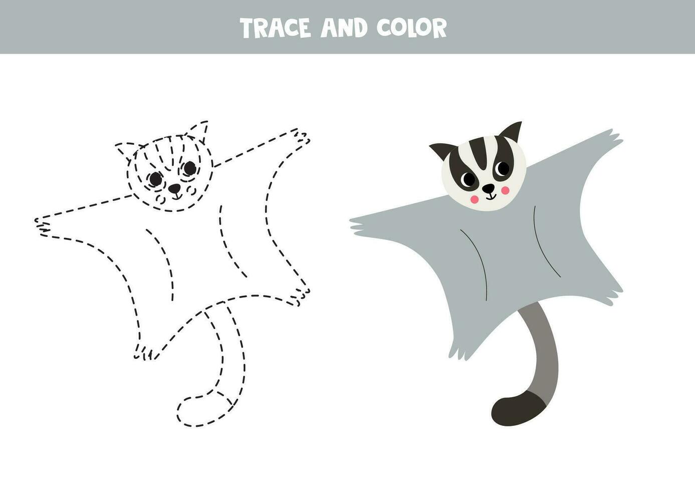 Trace and color cute cartoon sugar glider. Worksheet for kids. vector