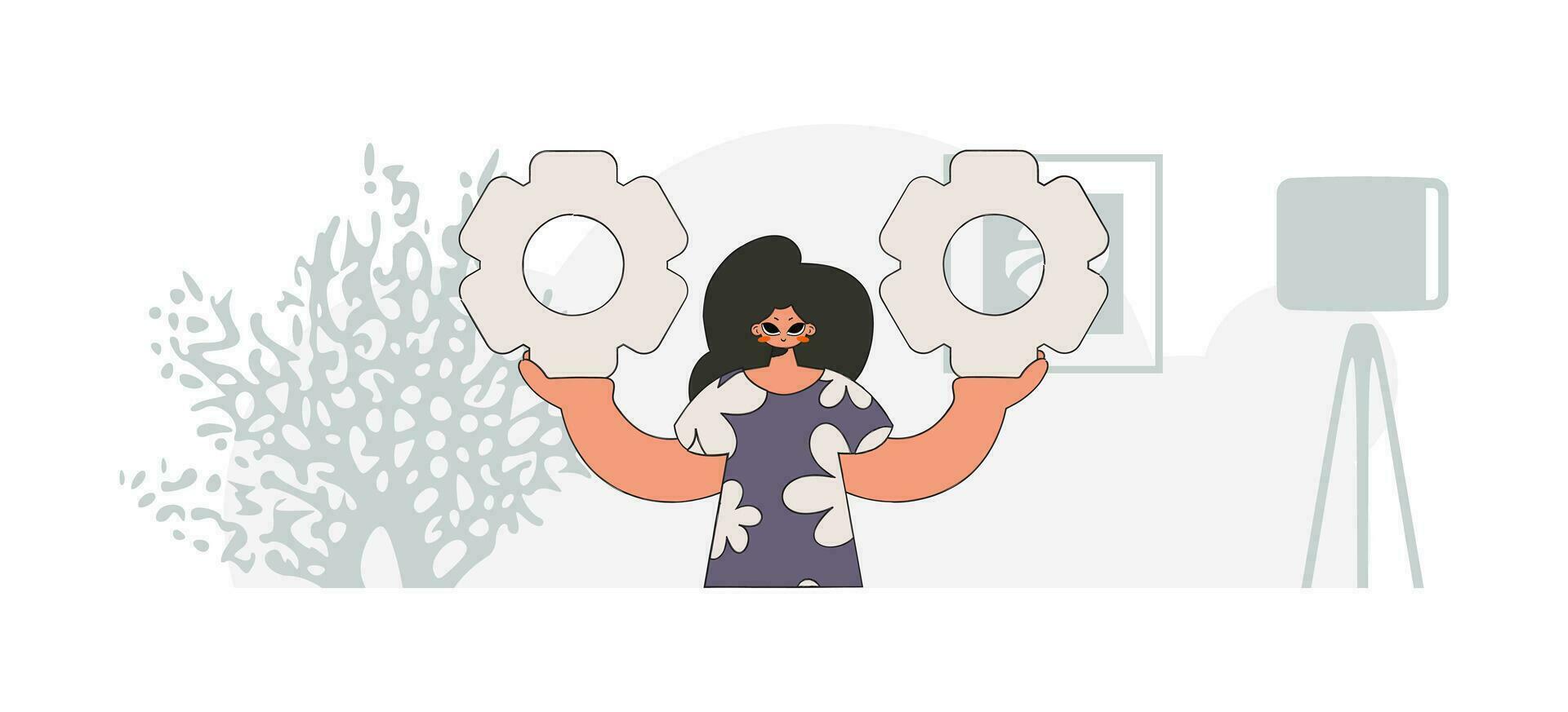 An elegant woman is holding gears. Idea theme. Retro trendy style. vector