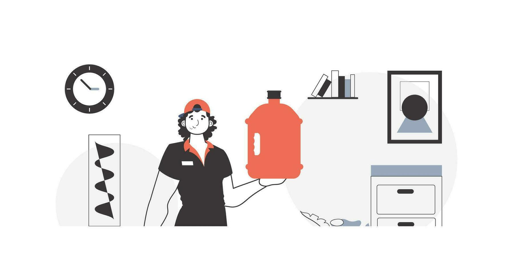 The porter holds a bottle of water in his hands. Water delivery concept. Linear modern style. vector