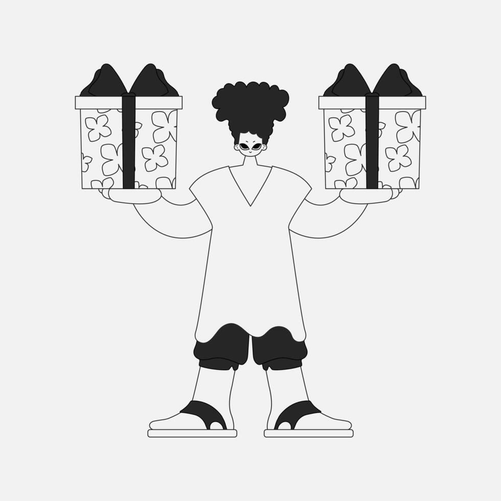 Charming man holds a gift in his hands. Black and white style. vector