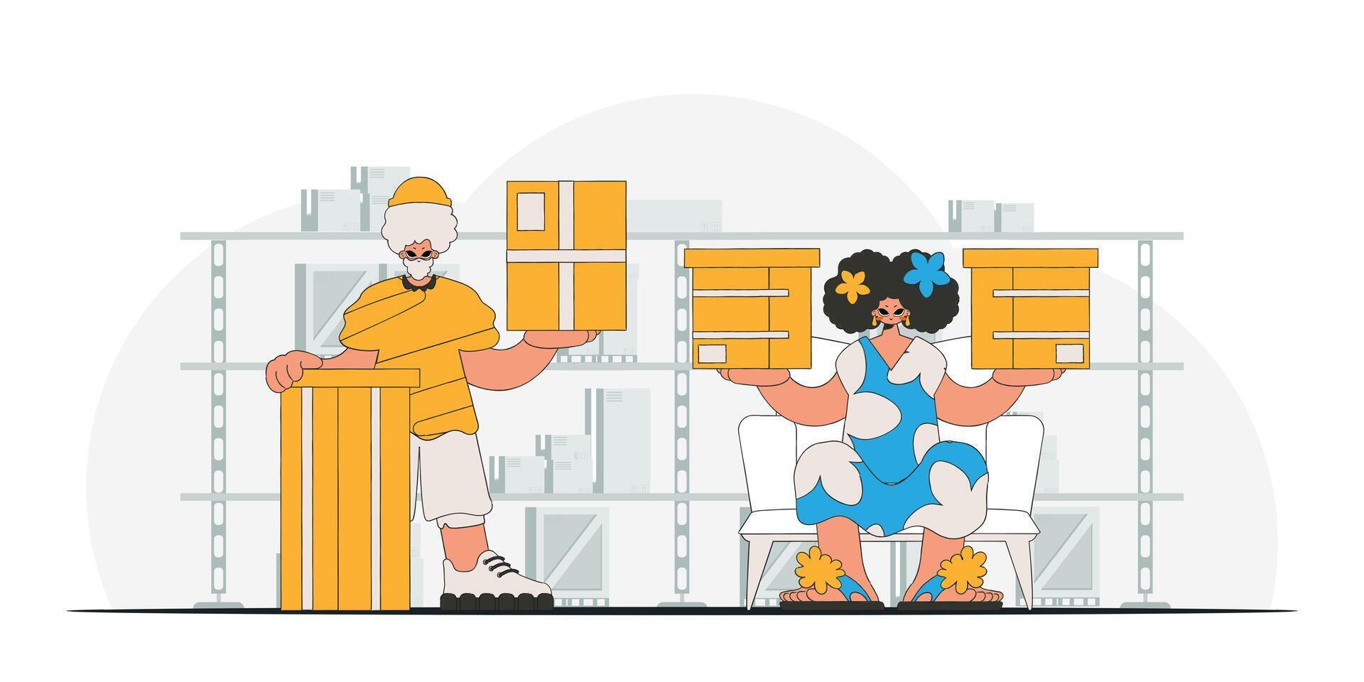 Charming woman and man are holding boxes. Parcel delivery team. A visual representation of the shipment of deliveries and freight vector