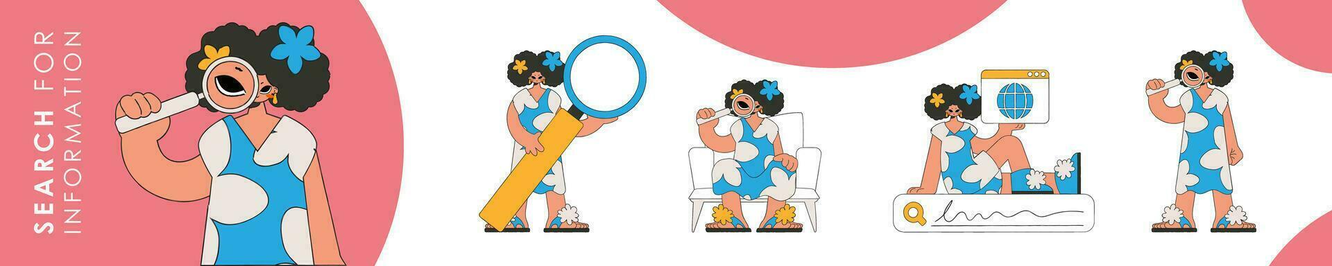 Set of character illustration for the topic of searching for information on the Internet. Collection of scenes with a girl holding a magnifying glass and looking for information. vector