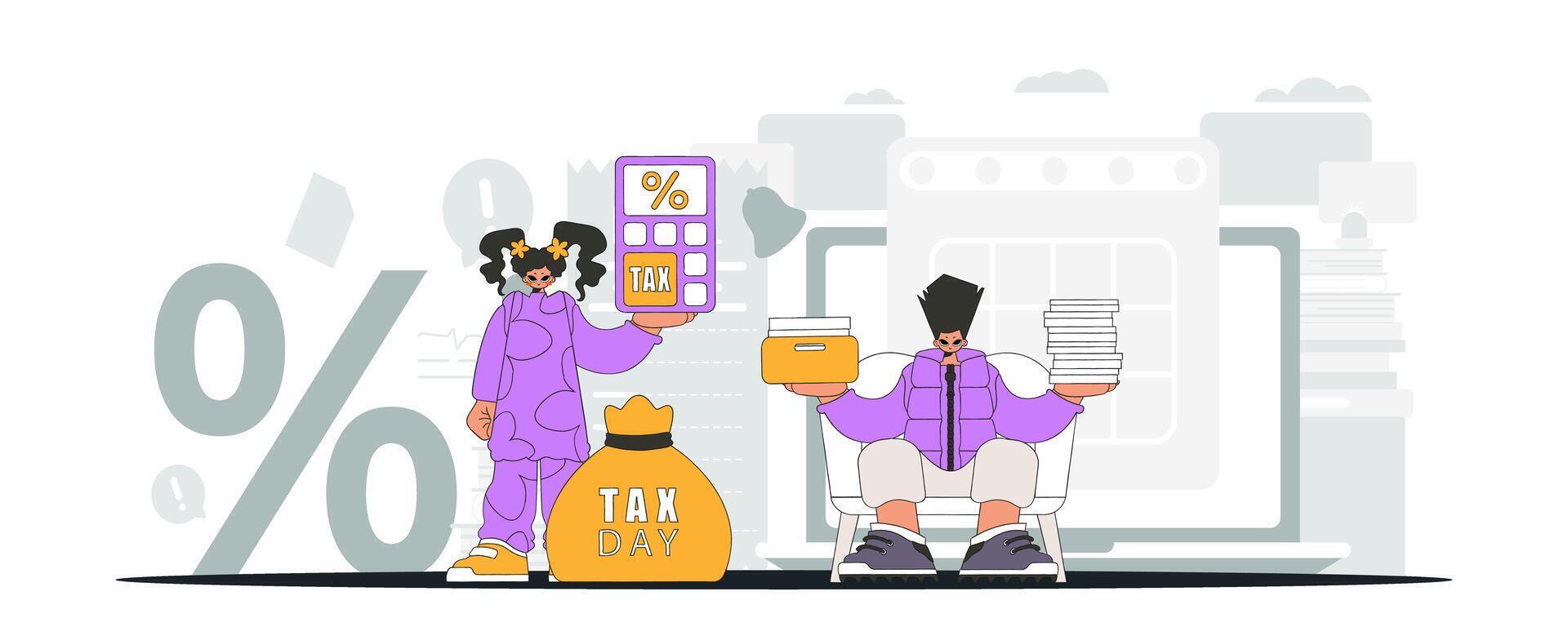 Fashionable girl and guy are engaged in paying taxes. An illustration demonstrating the importance of paying taxes for economic development. vector
