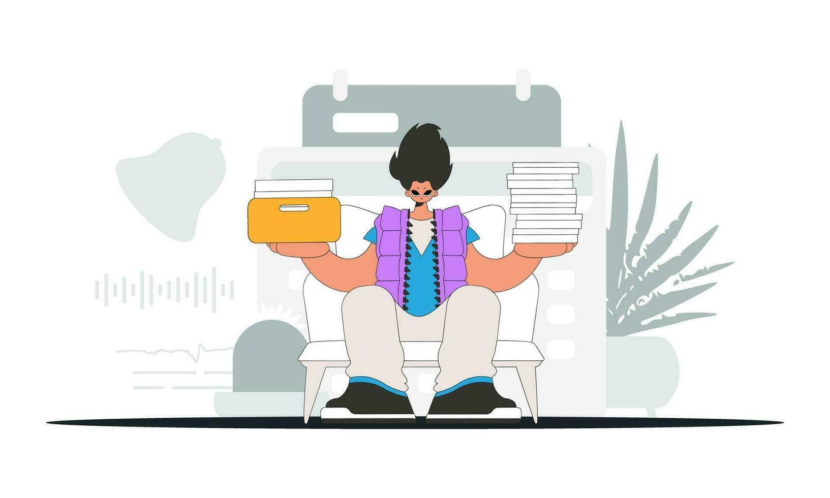 A cultured man holds stacks of documents in his hands. Graphic illustration on the theme of tax payments. vector