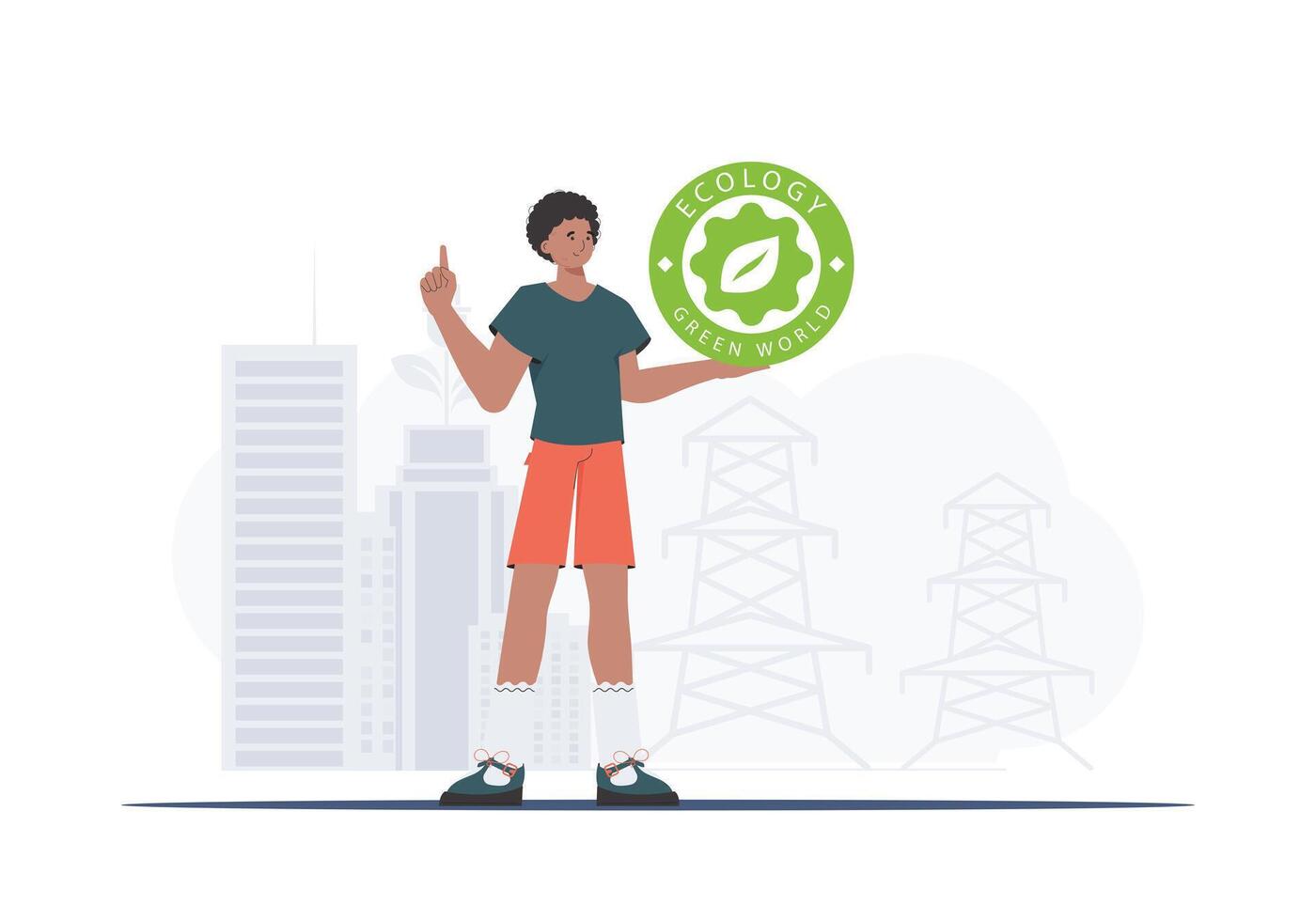 The concept of green energy and ecology. The guy holds the ECO logo in his hands. trendy style. Vector illustration.