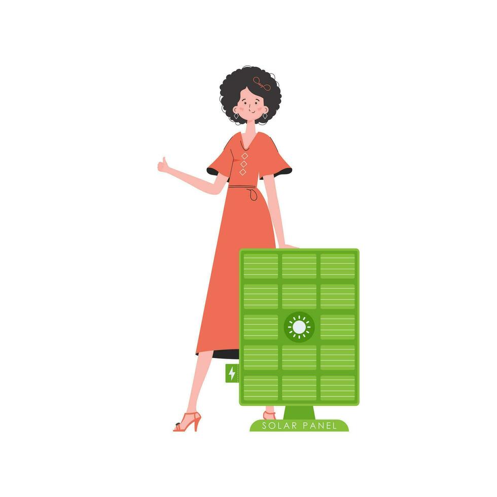 A woman is standing near a solar panel. Green energy concept. Isolated. Vector illustration.