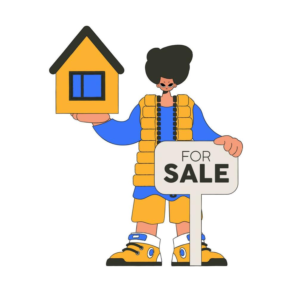 masculino corredor de bienes raíces participación un casa. de venta y poseer un casa. vector