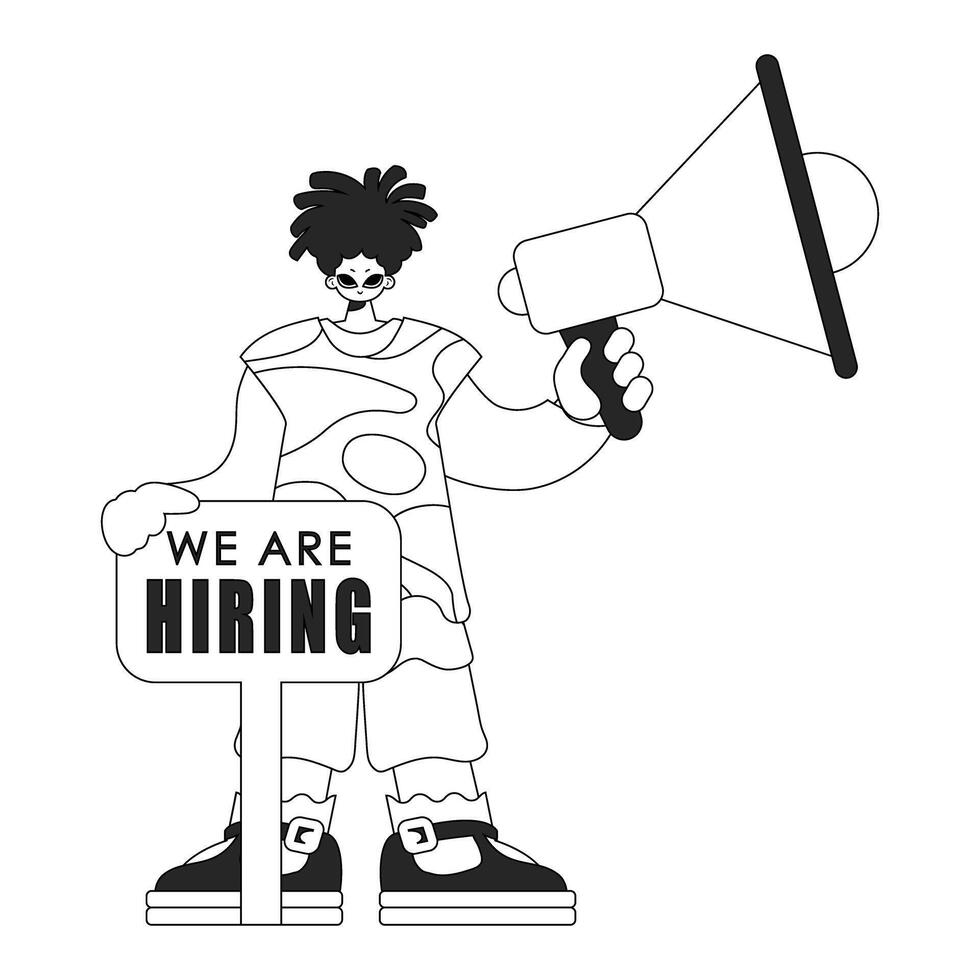 Skilled HR specialist man holding a megaphone in his hands. HR topic. Linear newspaper black and white style. vector