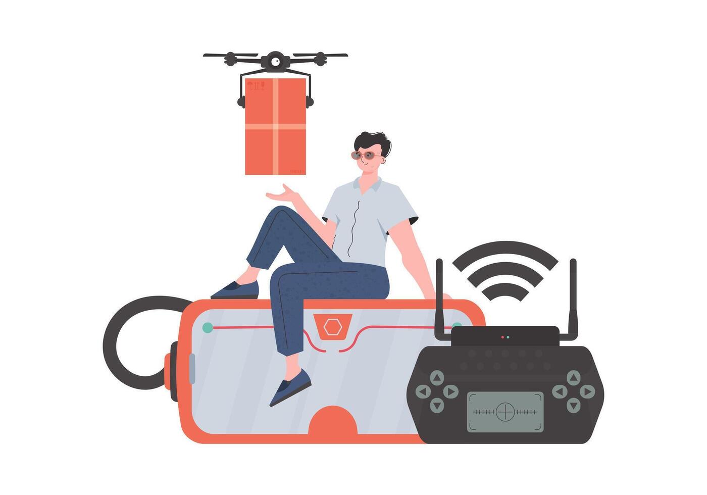The concept of cargo delivery by air. A man controls a quadcopter with a package. Isolated. trendy style. . vector