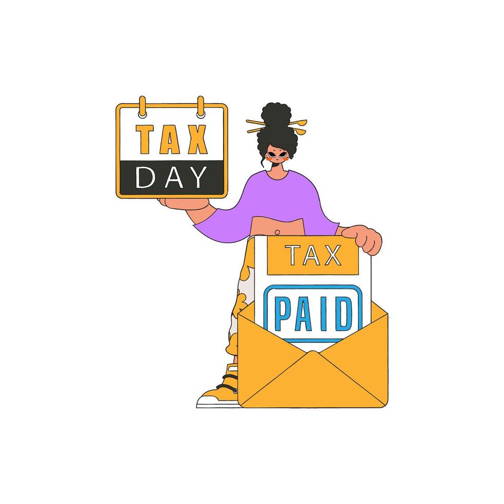 A chic girl rerzhit a calendal in her hand. TAX day. The topic of paying taxes. vector