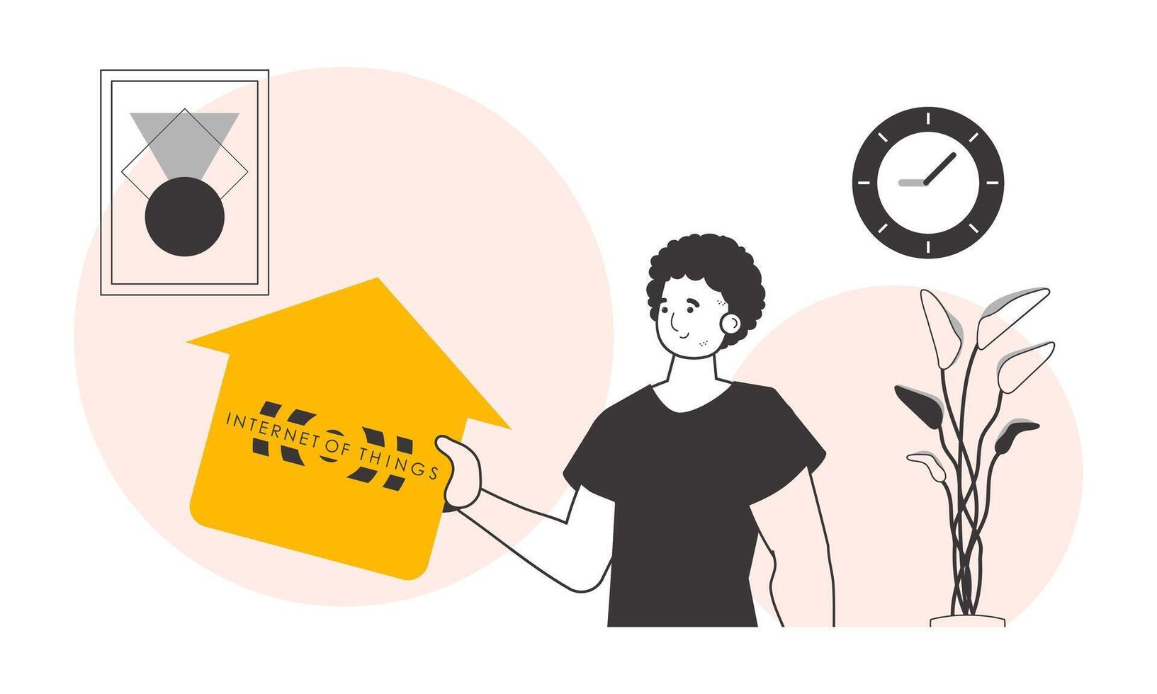 A man holds the IOT logo in his hands. Linear modern style. Vector illustration.