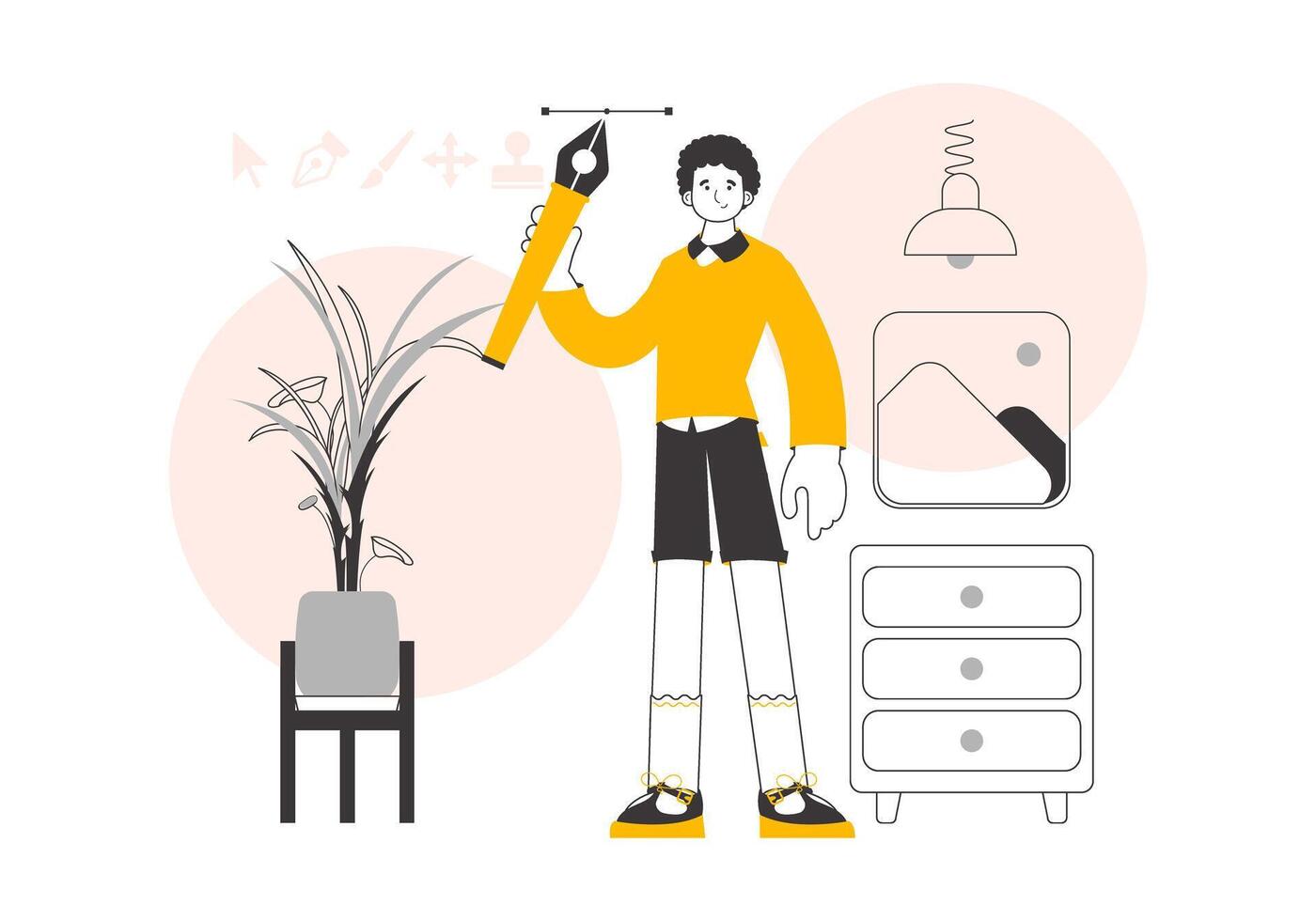 The designer guy holds a pen tool for 2D graphics in his hand. Lines modern style. illustration. vector