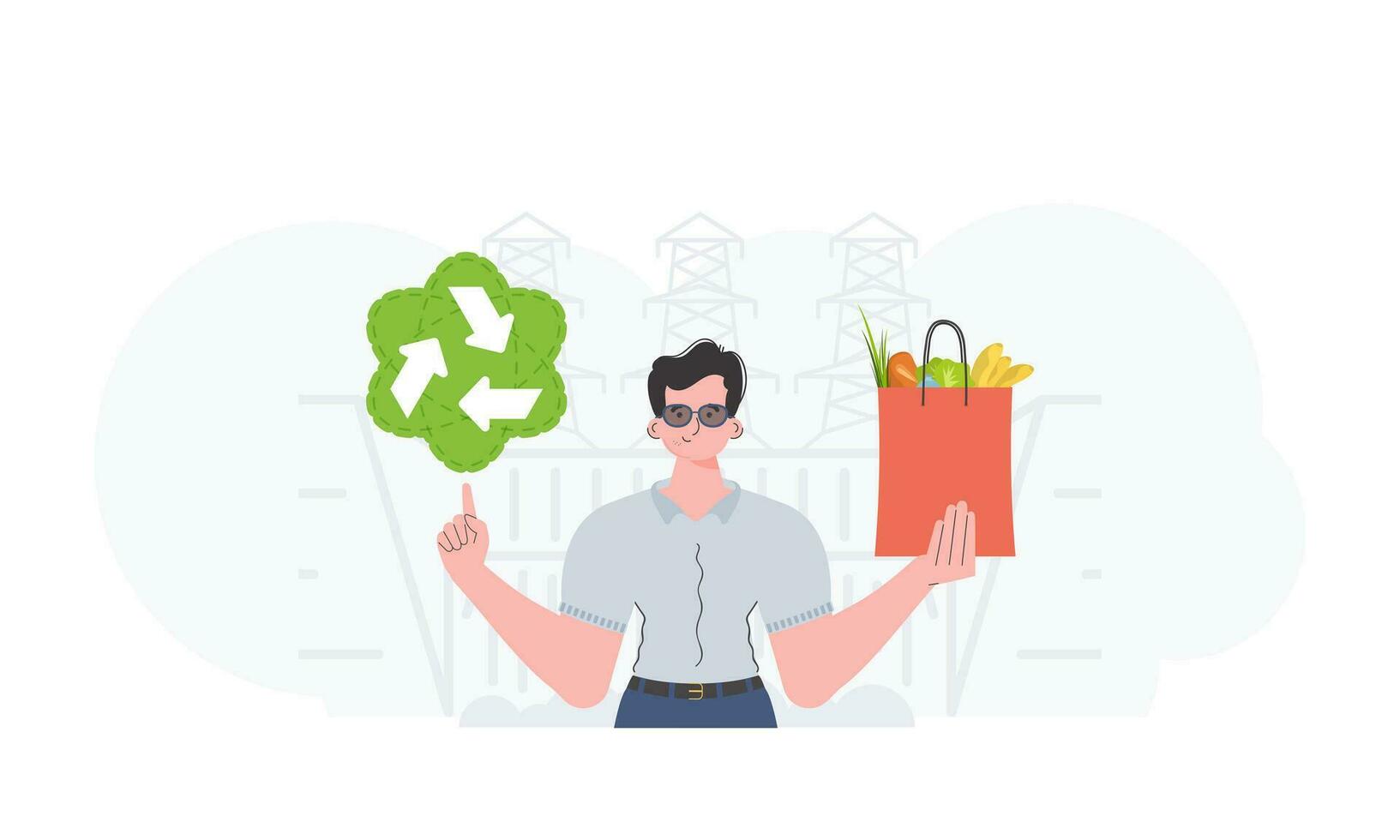 The man is shown waist-deep holding an EKO icon and a bag of proper nutrition. Healthy food, ecology, recycling and zero waste concept. Trend style, vector illustration.