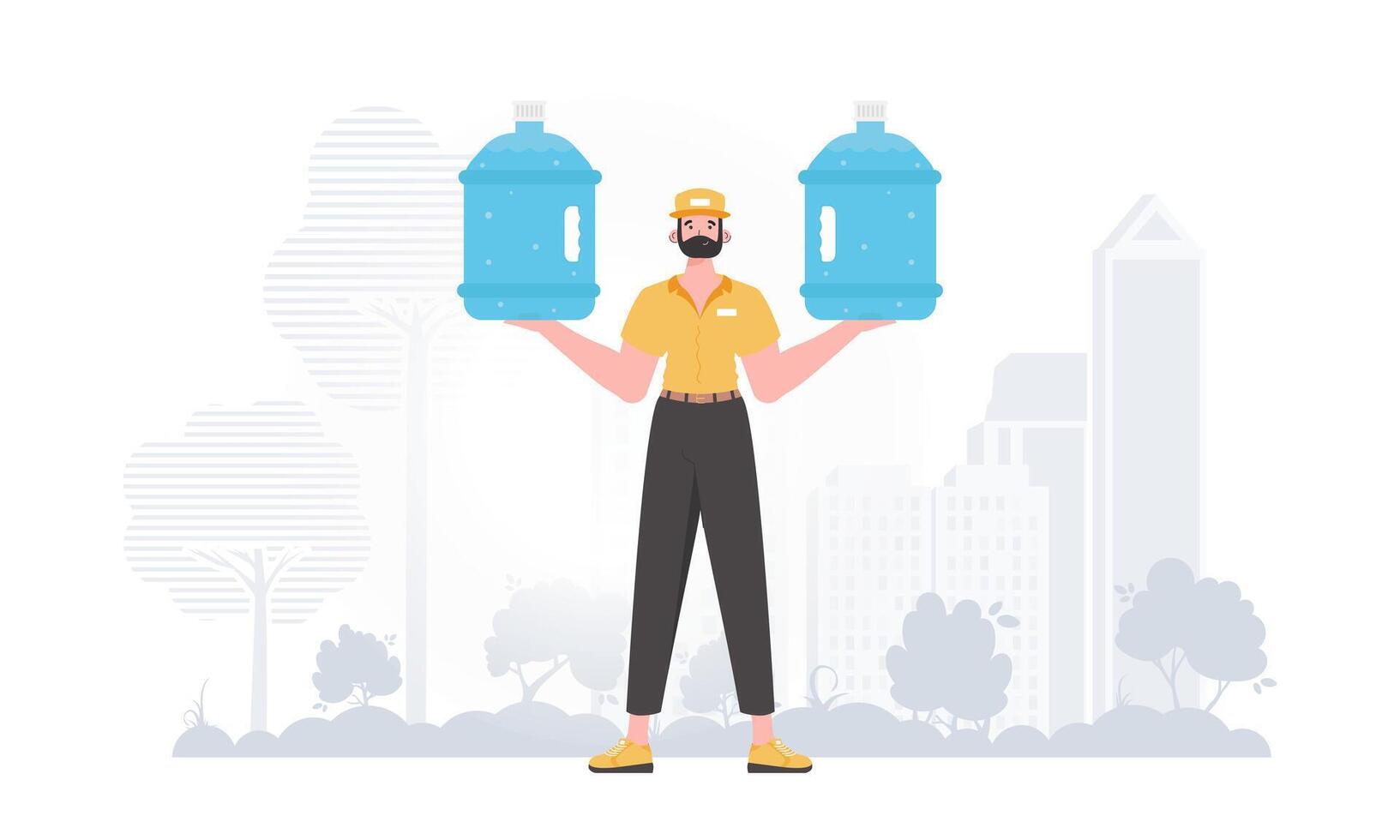 Water delivery concept. The man is holding a large water bottle. Cartoon style character depicted in full growth. illustration. vector