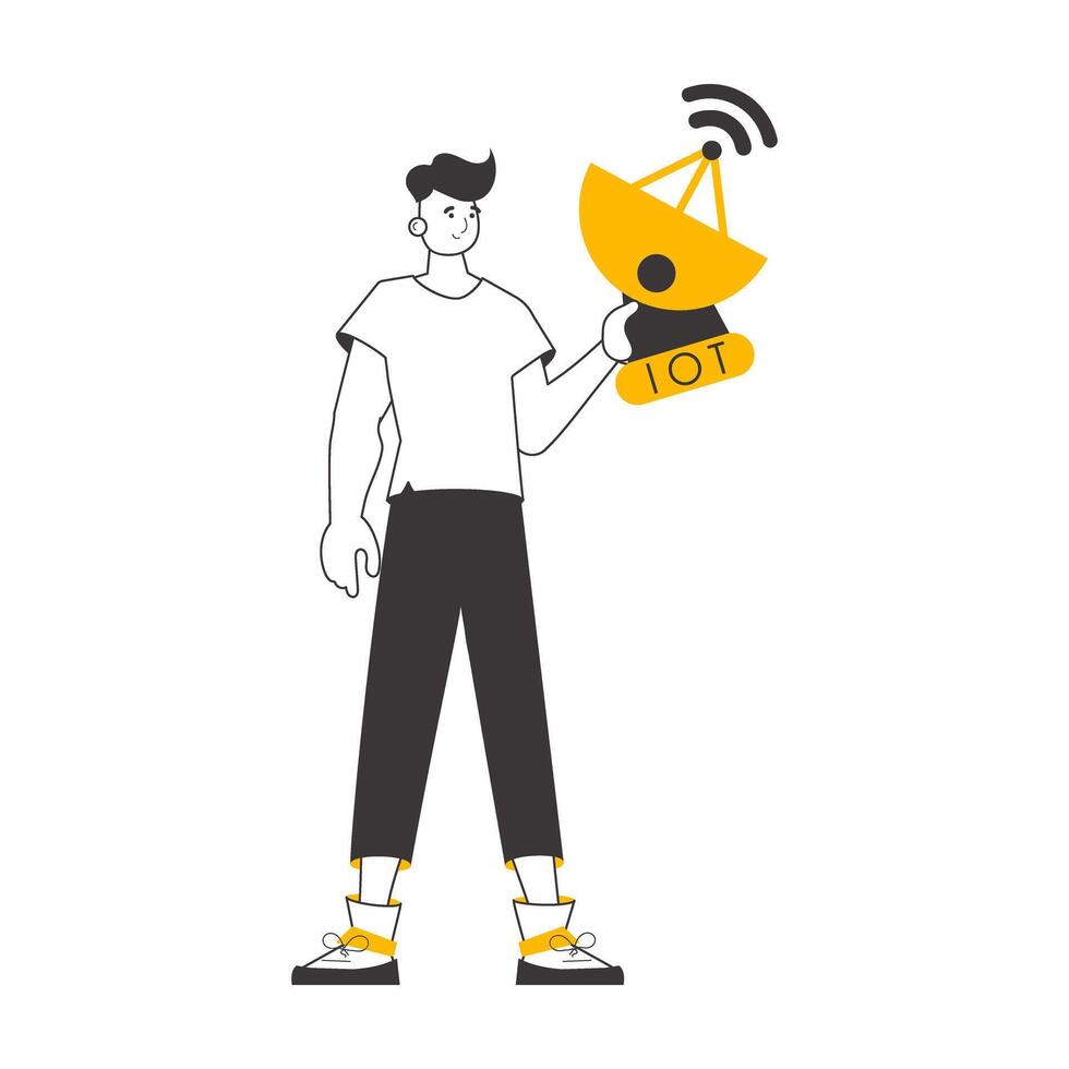 A man holds the internet of things logo in his hands. Linear modern style. Isolated. illustration. vector