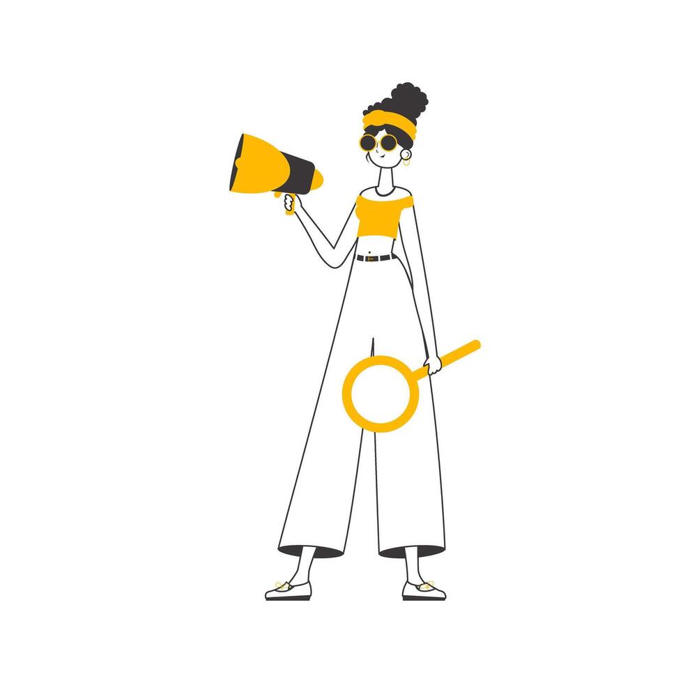 The woman is holding a bullhorn in her hands. Minimalistic linear style. Isolated. Vector illustration.