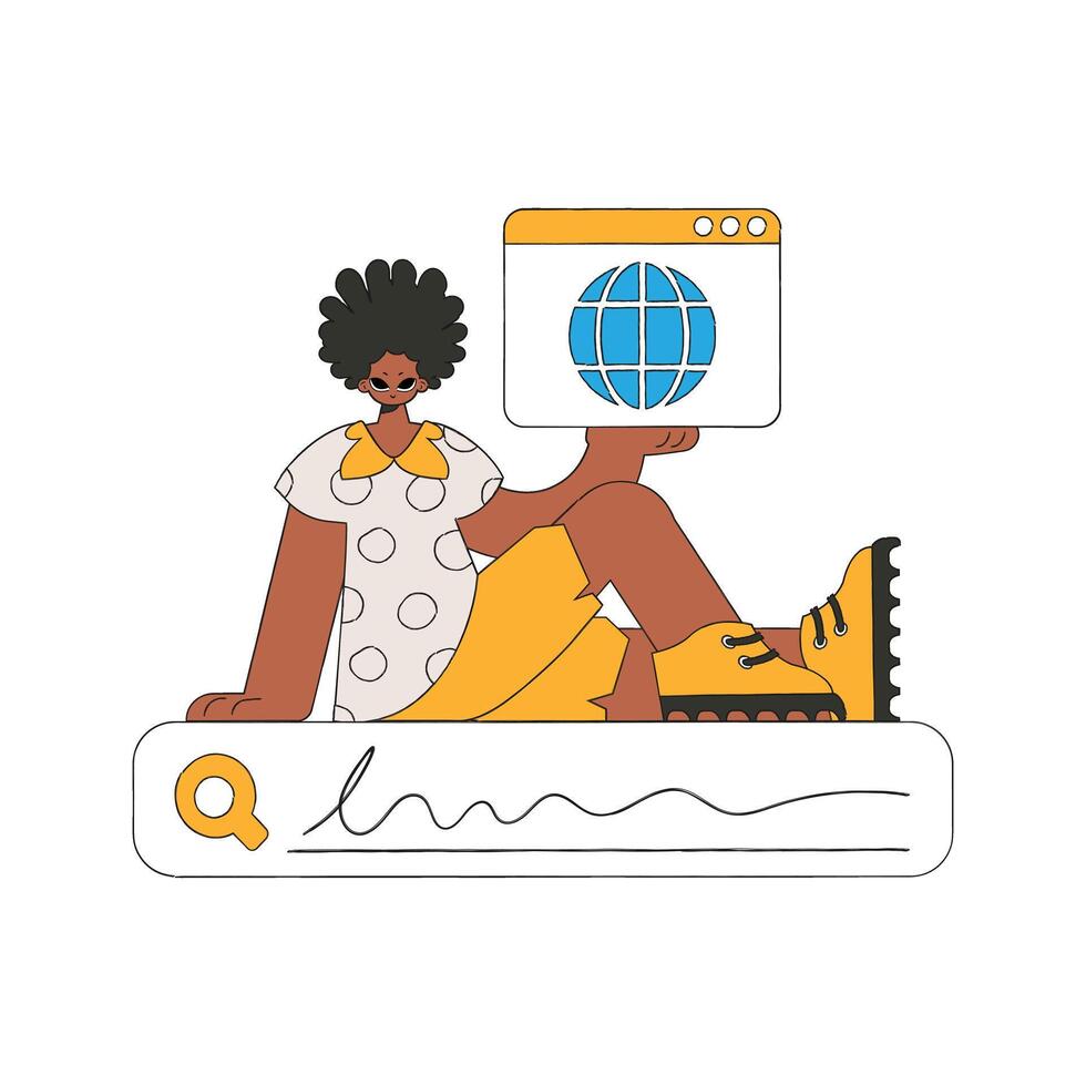 A man sits on a search bar and holds a browser window in his hands. Search for the necessary information on the Internet. Linear retro style character. vector