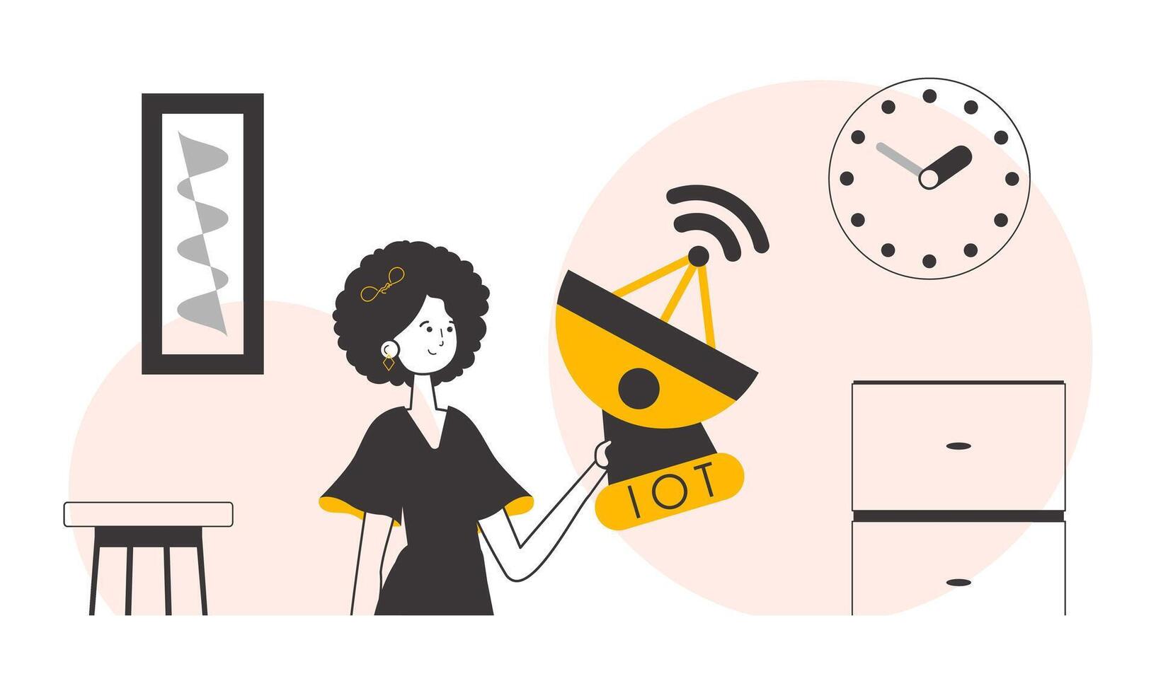 A woman holds the internet of things logo in her hands. Linear style. Vector. vector