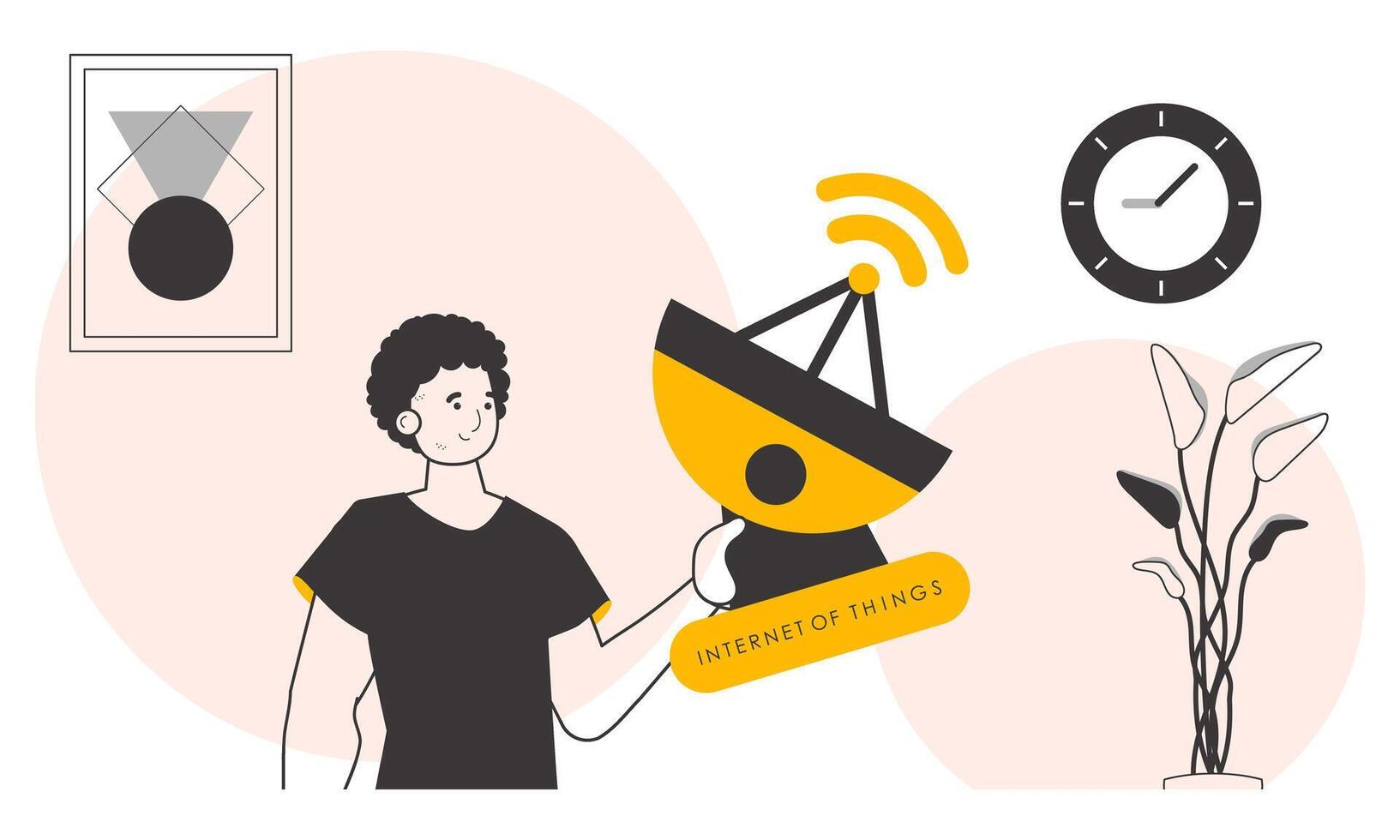 A man holds the internet of things logo in his hands. Lineart style. illustration. vector
