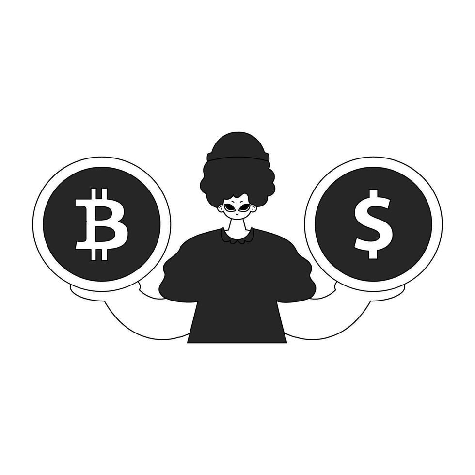 Charming man holding bitcoin and dollar coin. Linear newspaper black and white style. vector