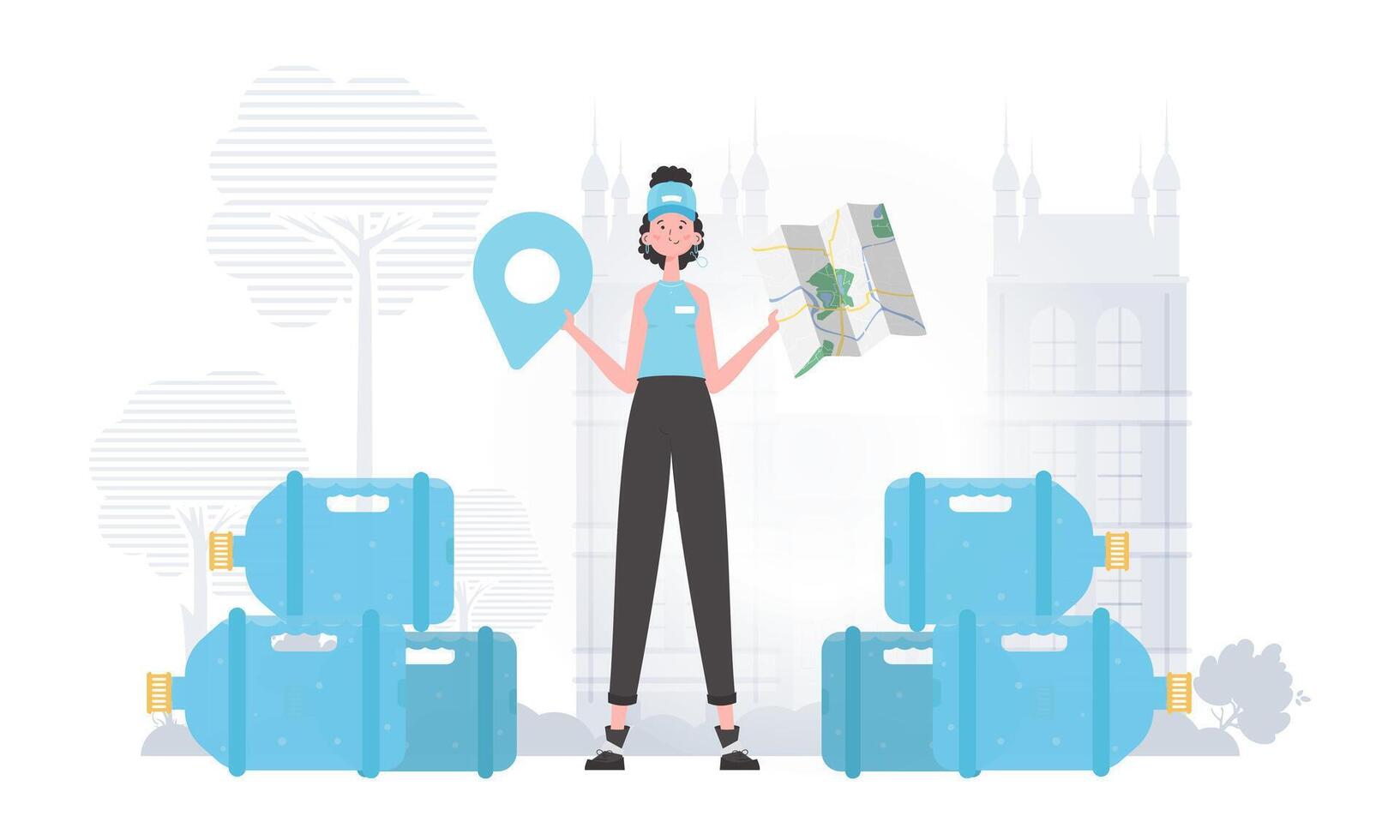 Girl water delivery operator holding a map. The trendy character is depicted in full growth. . vector