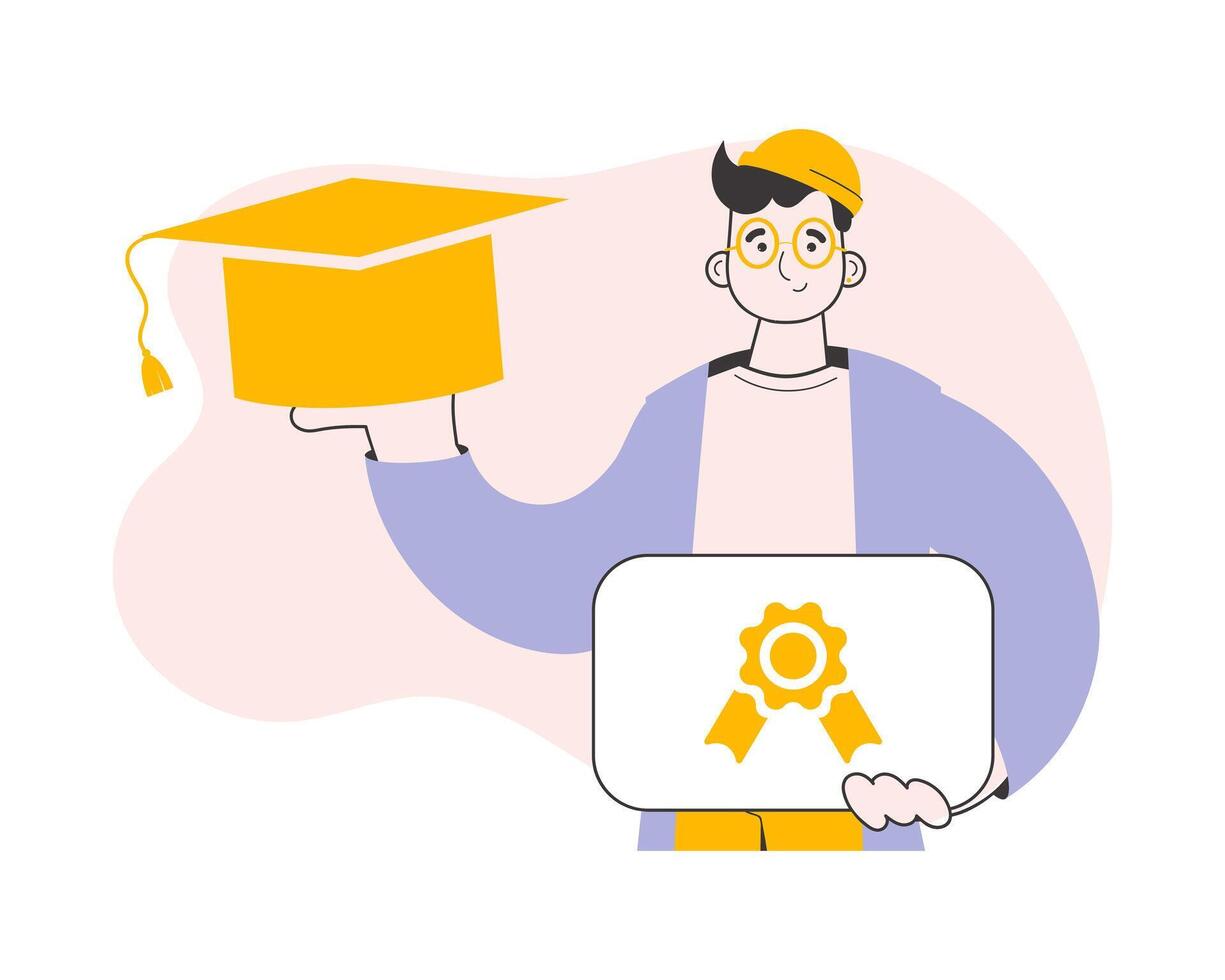 The guy is a university graduate holding a diploma. Trendy style line art. Vector. vector