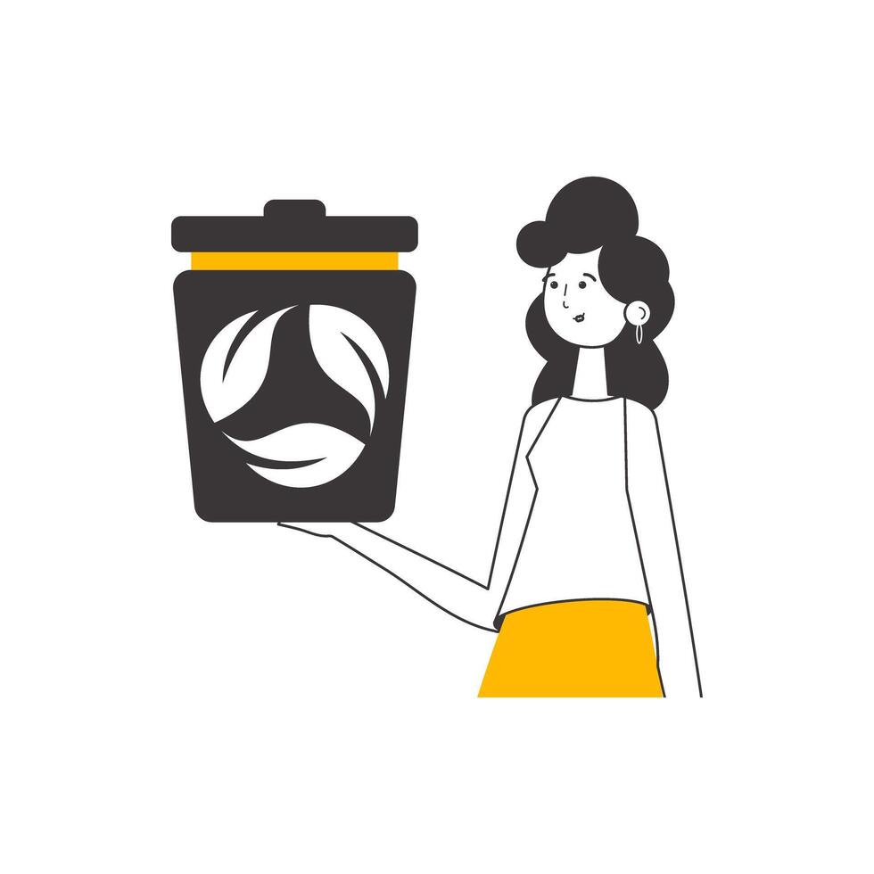 The girl is holding a trash can. The concept of recycling plastic and waste. Lineart trendy style. Isolated on white background. illustration. vector