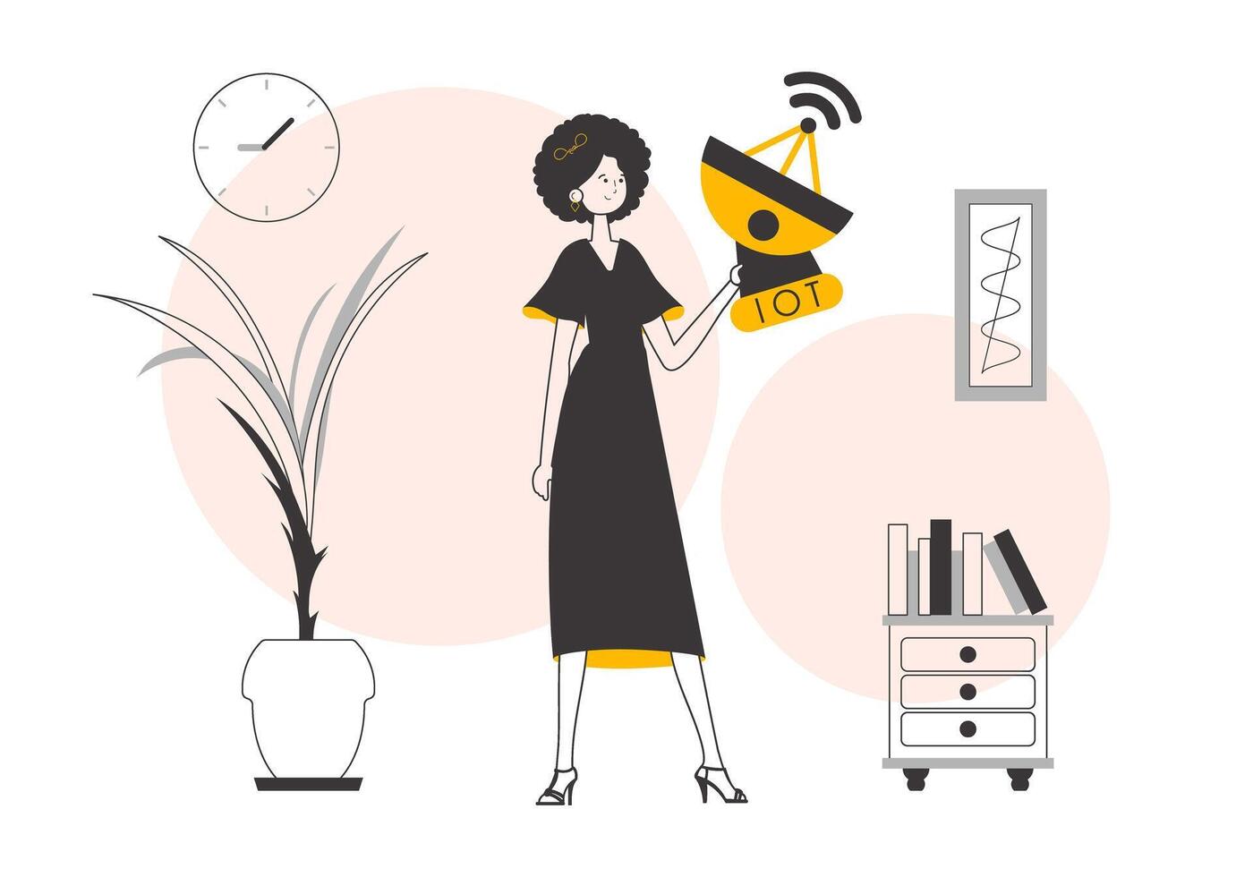 Girl Holding the IOT logo in her hands. Lineart style. Vector illustration.