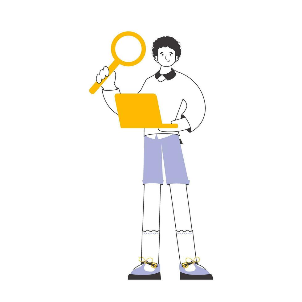 A man holds a magnifying glass and a laptop in his hands. Job Search Theme. H.R. Linear modern style. Isolated. Vector. vector