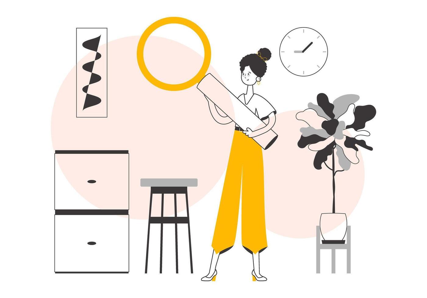 The girl is holding a magnifying glass in her hands. Minimalistic linear style. Vector illustration.