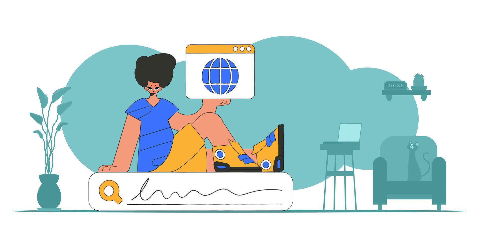 Concept Finding the necessary information on the Internet. A man sits on a search bar and holds a browser window in his hands. Linear retro style character. vector
