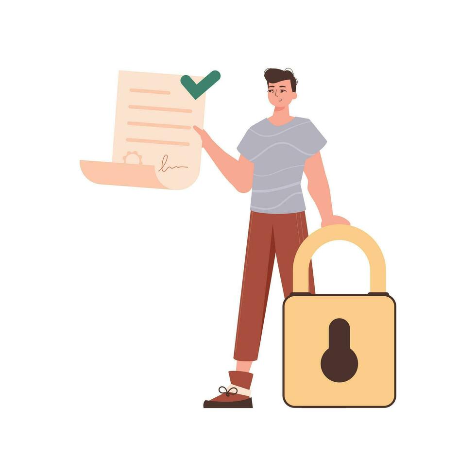 A man is holding a contract or document. Data protection concept. Smart contract. Trend style character. vector