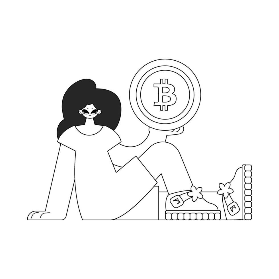 Charming woman holding a bitcoin coin. Linear black and white style. vector