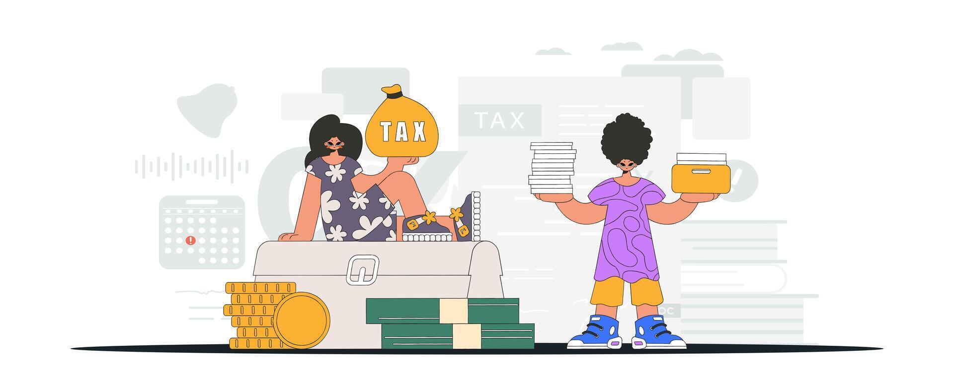Fashionable girl and guy are engaged in paying taxes. An illustration demonstrating the correct payment of taxes. vector