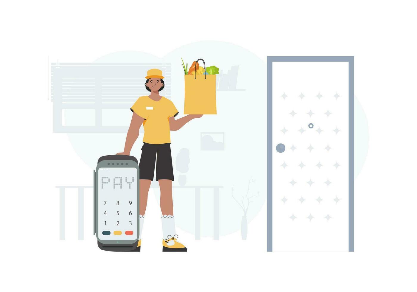 Delivery concept. A man is holding a bag of food. Trendy flat style. Vector. vector