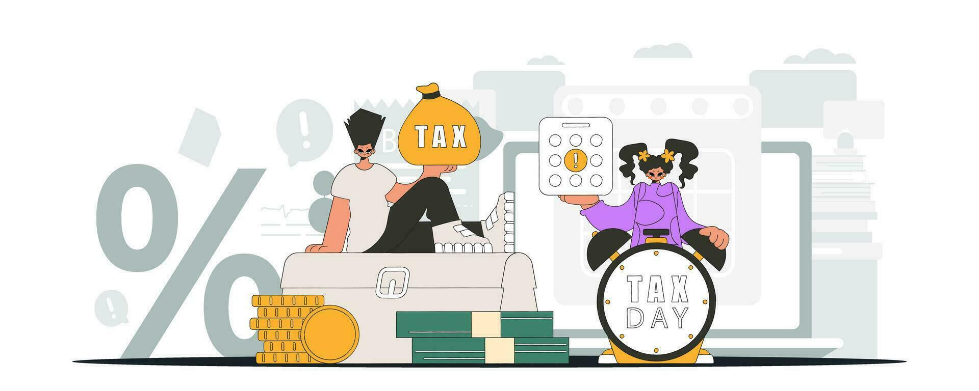 Fashionable girl and guy demonstrate paying taxes. An illustration demonstrating the correct payment of taxes. vector