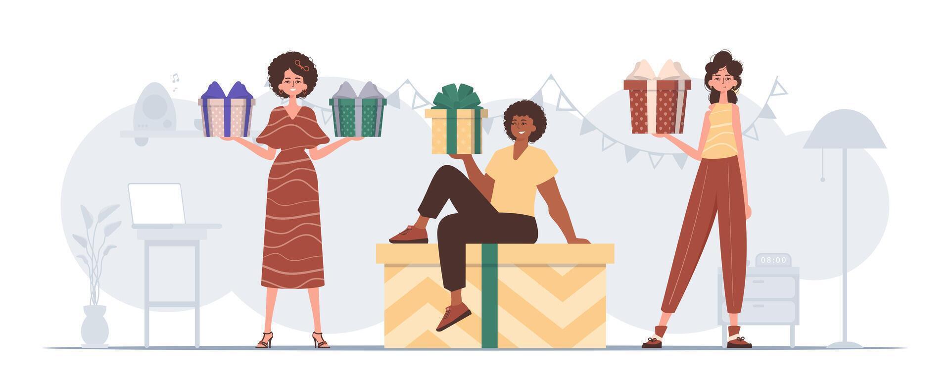 A group of people are holding gifts in their hands. Modern character style. vector