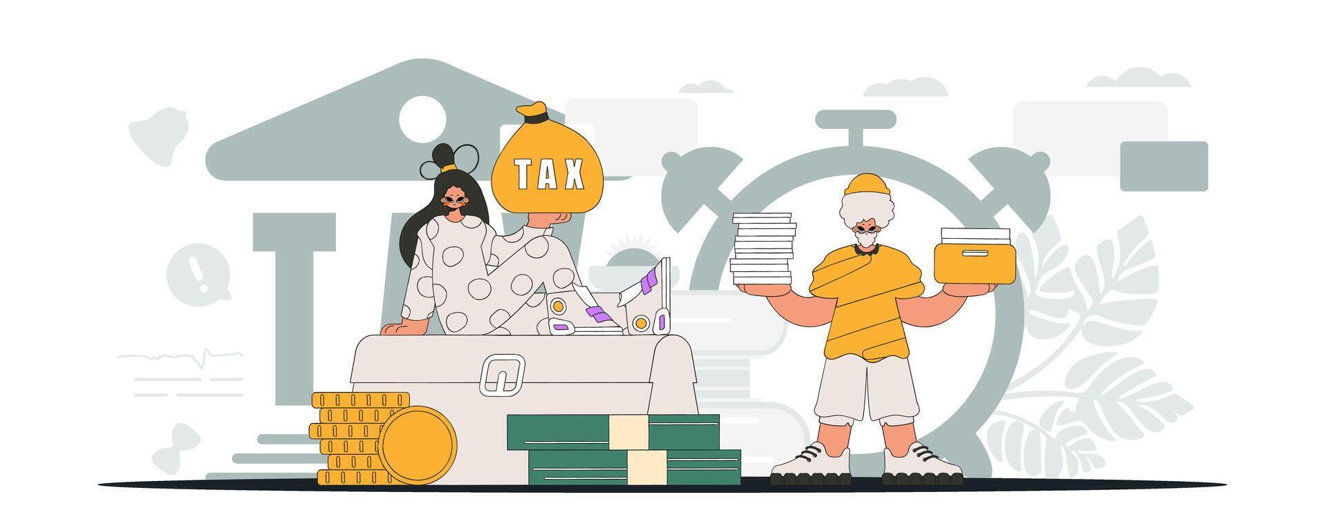 A graceful guy and a girl are engaged in paying taxes. Graphic illustration on the theme of tax payments. vector